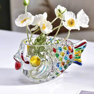 弗莱文茨欧式玻璃花瓶彩色创意鱼形水培绿萝花器桌面摆件装饰品