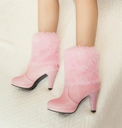 秋冬女鞋毛毛靴白色，粉红色靴子女高跟短靴，短筒大码女靴40-46xswf