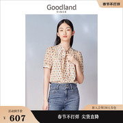 goodland美地女装2023夏季法式系带领雪纺衫，优雅泡泡袖上衣