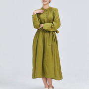 苔绿色圆领长袖系带收腰重工打条复古圆领长款文艺亚麻旅游连衣裙