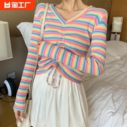 2023秋季女装韩版时尚洋气彩虹，撞色抽绳条纹，修身长袖t恤上衣