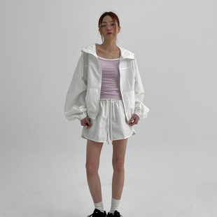 2024韩版开衫带帽纯色短外套，收腰抽绳拼接设计感薄款防晒衣女