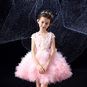 粉色礼服儿童洋气女童公主短款蛋糕蓬蓬裙花童裙子婚礼小女孩礼服