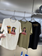 欧洲站2024夏季中长款短袖洋气杏色卡通人物印花大版T恤 潮女