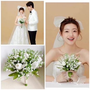 韩式新娘手捧花婚纱照，拍摄郁金香手捧花，铃兰结婚婚礼白色手拿花