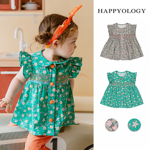 happyology英国原创印花女童上衣，司马克绣花衬衫棉，儿童小飞袖衬衣