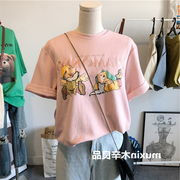 短袖t恤女夏季2024韩版ins潮刺绣小矮人宽松粉色洋气百搭上衣