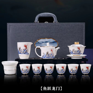 青花瓷茶具羊脂玉瓷功夫，茶具整套中式描金普洱茶茶壶茶杯盖碗家用