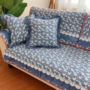 蓝色草莓全棉布艺四季通用沙发垫防滑纯棉坐垫全盖靠背巾田园