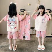 儿童2024女童睡衣春夏季款短袖三件套卡通女孩家居服套装纯棉