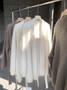 白色水貂绒奶fufu针织开衫毛衣，外套女腰带，宽松慵懒v领高级感上衣