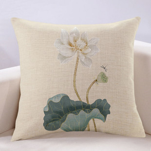 新中式沙发抱枕荷花米色花卉靠垫，亚麻中国风客厅，高档靠背枕套含芯