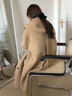 HTBT定制韩国ins连帽双面羊绒大衣女中长款减龄背后捏褶毛呢外套