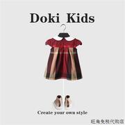 dokikids~女宝宝连衣裙夏装，2024红色英伦，风娃娃领蝴蝶结裙子