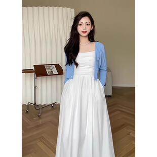 夏季2024茶歇法式长裙子，高级感气质，显瘦白色吊带连衣裙套装女