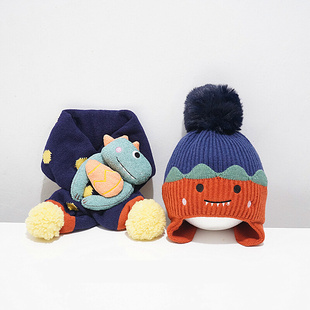 日本ZD婴儿帽子秋冬宝宝毛线帽围巾套装男童护耳儿童针织帽两件套