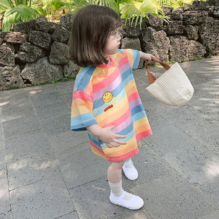 女童夏季宽松t恤韩版儿童长款条纹，休闲裙时尚女宝宝彩虹短袖上衣
