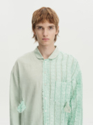 FNGISED时尚设计绿色系雪纺肌理感面料拼接衬衣休闲落肩长袖衬衫