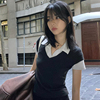 gagaopt韩版学院风POLO领拼接假两件短袖T恤女修身显瘦短款上衣夏