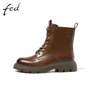 fed冬季真皮短靴女士法式复古靴子气质英伦马丁靴1024-ZCA398