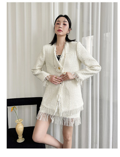 2023秋季法式小香优雅V领白色流苏外套半身短裙套装