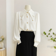 法式高级感白色长袖衬衫，女2024春设计感通勤气质，尖领雪纺长袖上衣