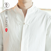 中国风秋季男复古立领亚麻衬衫，上衣中式唐装，棉麻茶服白色盘扣衬衣