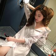 韩版中长款白衬衫女bf风，长袖衬衣性感，睡衣宽松上衣雪纺打底衬衫裙