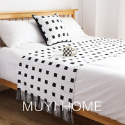 现代黑白格子床尾巾客厅沙发毯空调毯午休毯床上用毛毯床尾毯子