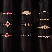 日本珠宝设计18k金钻石(金钻石)细戒指，轻奢珠宝叠戴戒指红宝石蓝宝石