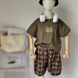 男童短袖t恤绿色2023套装洋气时髦纯棉可爱夏季黄格子哈伦裤