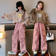 女童工装裤春装2024韩版蝙蝠衫卫衣套装，中大童春季洋气两件套