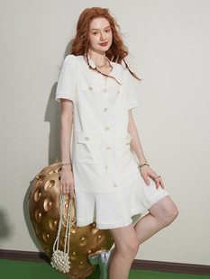 妖精口袋白色法式小香风连衣裙女2024年夏季v领毛边设计感裙
