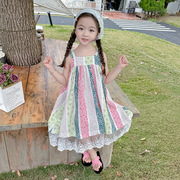 韩系童装女童连衣裙2024夏季洋气小女孩吊带裙儿童复古印花背心裙