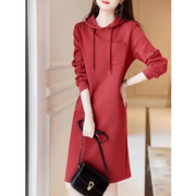 法式小个子显高气质时尚小清新连衣裙新年红显瘦运动休闲卫衣裙女