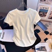 纯棉白色短袖t恤女夏季设计感褶皱收腰上衣不规则，弧形下摆打底衫