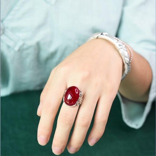 红玛瑙玉戒指女开口可调节简约ins潮中国风银指环不掉色送妈妈