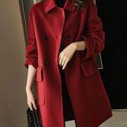 红色双面羊绒大衣女，2023年秋冬高端羊毛，呢子加厚外套气质上衣