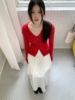 yohaaa自制早春韩系v领显瘦修身红色，显白开衫女百搭长袖上衣