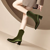 金丝绒法式绿色酒红色靴子短靴高跟单靴女靴秋冬季粗跟中筒女 LJ