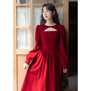 女装货源秋冬季法式结婚敬酒日常可穿晚礼服红色小个子丝绒连衣裙