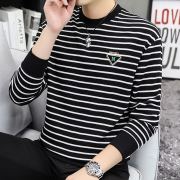 男士条纹长袖t恤2022春秋季高端修身纯棉圆领，卫衣潮牌秋装上衣服