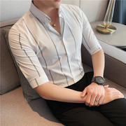 夏季衬衫男短袖韩版潮流条纹7七分袖印花衬衣英伦修身发型师中袖
