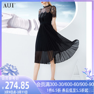 aui黑色蕾丝拼接雪纺连衣裙，女2023夏设计(夏设计)感收腰显瘦百褶长裙