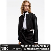 2024春素皮毛呢拼接短款黑色棒球服夹克外套MBD1JKT021