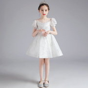 花童婚礼小女孩礼服儿童公主裙，高端钢琴演奏女童主持人白色蓬蓬裙