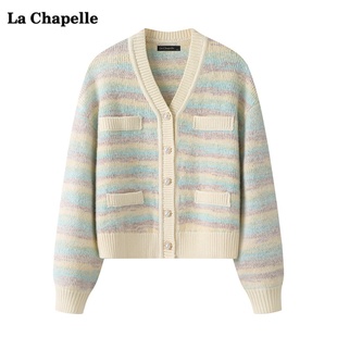 拉夏贝尔/La Chapelle彩虹条纹针织开衫外套女秋冬小香风长袖上衣