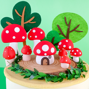 波点软陶软胶红色蘑菇套装，小蘑菇树甜品，台烘焙生日蛋糕装饰摆件
