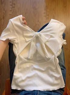 白色露背镂空蝴蝶结绑带，正肩短袖t恤女夏季2024修身短款上衣