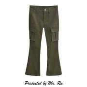 欧美复古工装风大口袋微休闲裤简约百搭军绿色低腰显瘦修身喇叭裤